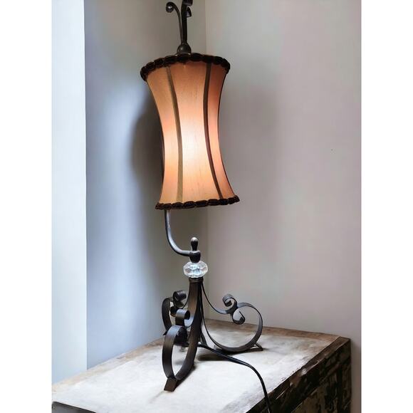Unique Black Metal Lamp with Tan Fabric Shade Large Table Lamp 29" Tall Nice - Picture 3 of 7